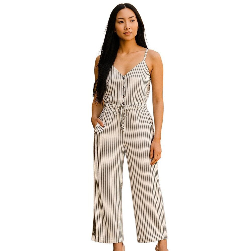 7 For All Mankind White‎ Navy Pinstripe Paperbag Waist Jumpsuit